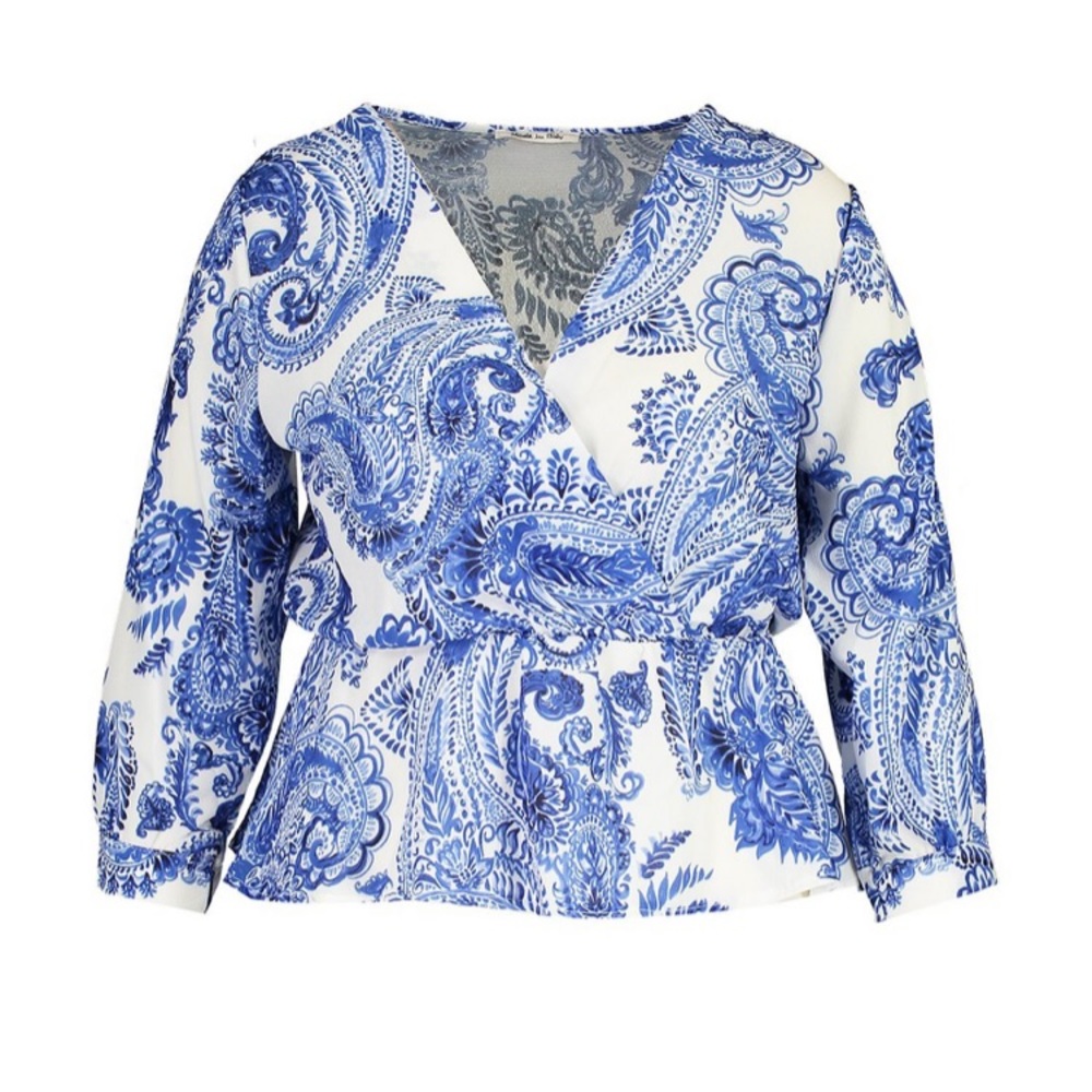 NEW BOOHOO PLUS PRINTED WRAP PEPLUM BLOUSE